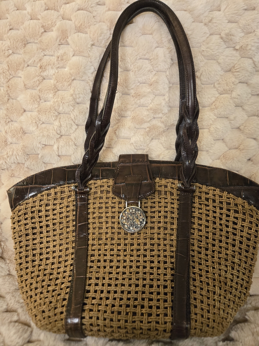 Brighton Woven Straw Tote with Dark Brown Leather Trim